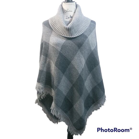ELISABETTA Grey Check Fringed Wool Alpaca Sweater Poncho L/XL - Picture 1 of 6